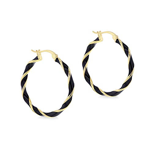 Tuscany Silver Women's Sterling Silver Yellow Gold Plated 31mm Black Enamel Large Twister Hoop Creole Earrings von Tuscany Silver