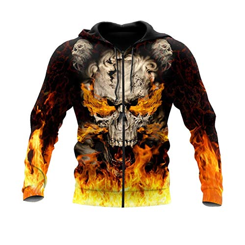 Cool Skulls On Fire Art 3D Print Hoodie Man Harajuku Outwear Zipper Pullover Sweatshirt Casual Unisex Jacke Gr. XXXXXX-Large, Kapuzenpullover mit 3D-Reißverschluss von Tushja