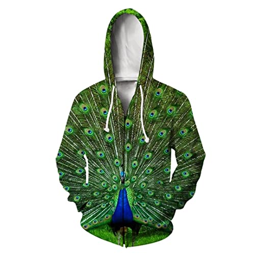 Herren Damen 3D-Druck Tier Pfau Langarm Jacke Sport Pullover Zipper Hoodies, 04, L von Tushja