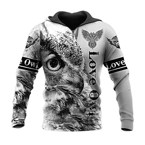 Schöne Tierliebe Eule 3D Druck Hoodie Mann Harajuku Outwear Reißverschluss Pullover Sweatshirt Casual Unisex Jacke Gr. XX-Large, Kapuzenpullover mit 3D-Reißverschluss von Tushja