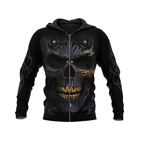 HUIPYOU Schwarzer Totenkopf-Hoodie für Herren und Damen, Harajuku, lässig, mit Reißverschluss, Sweatshirt Gr. XL, Kapuzenpullover mit 3D-Reißverschluss von Tushja