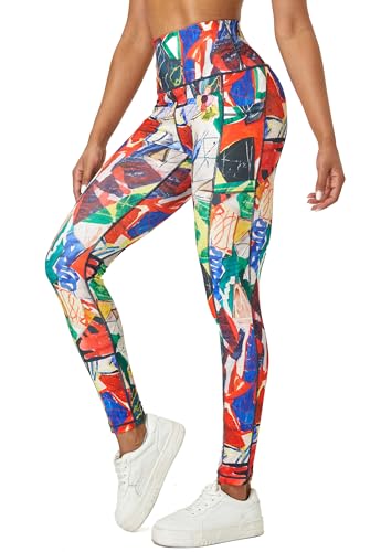 Tuspryt Leggings Damen mit Taschen,Blickdichte Sport Leggings Damen Printed Sporthose Damen lang Fitnesshose Laufhose Damen XL von Tuspryt
