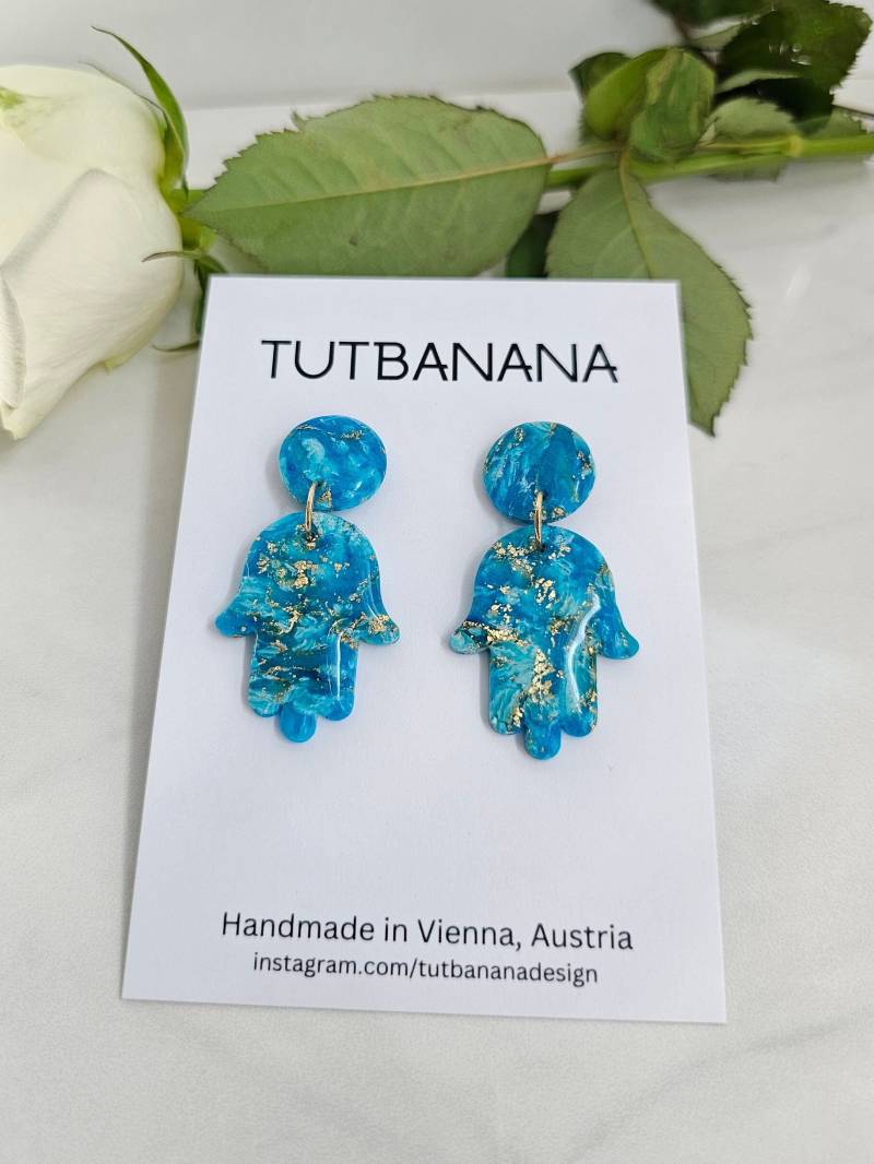 Turquoise/Teal, White & Gold Marble, Hamsa-Shaped Earrings | Handmade Polymer Clay Statement Dangle von Tutbanana