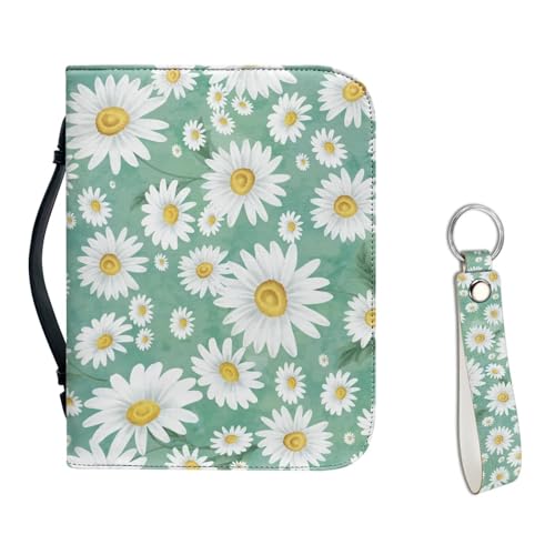 Tutolipy Bibeltaschen-Set mit Gänseblümchen-Aufdruck, für Damen und Herren, Reißverschluss, PU-Leder, Bibelhülle mit Tasche und Griff, schützendes Bibelzubehör mit Handgelenk-Schlüsselanhänger von Tutolipy