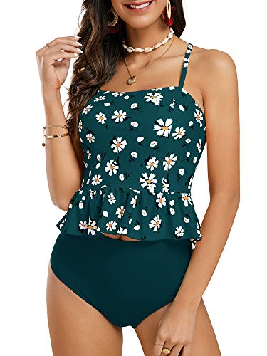 Tutorutor Womens High Waisted Peplum Tankini Halter Teen Swimsuit Ruffle Floral Print Tummy Control 2 Piece Bikini Set (X-Small, 2 Dark Green) von Tutorutor