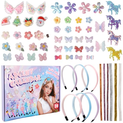 Adventskalender 2024 Mädchen, Adventskalender Haarschmuck Weihnachts Countdown Kalender 24 Tage Bastelset Haarschmuck Kinder DIY Haar Accessoires Making Kit ab 4-12 Jahre Weihnachtsgeschenke von Tutukyle