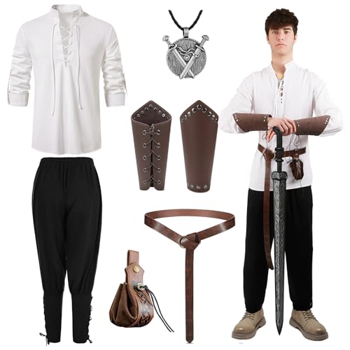 Mittelalter Kleidung Herren,7pcs Mittelalter Kleidung Kostüm Set Mittelalterliches Piratenhemd Herren Lang Hose Gürtel lederbeutel Armschienen Halskette Wikinger Renaissance Deko Halloween Karneval von Tutukyle