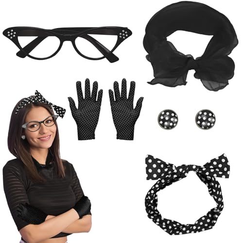 Tutukyle 50er Jahre Accessoires Damen Rockabilly 5TLG Rockabilly Accessoires Damen Schwarz 60er Jahre Outfit Damen Chiffonschal Punkte Brille Handschuhe Punkteohrringe Perfekt für Retro-Partys von Tutukyle
