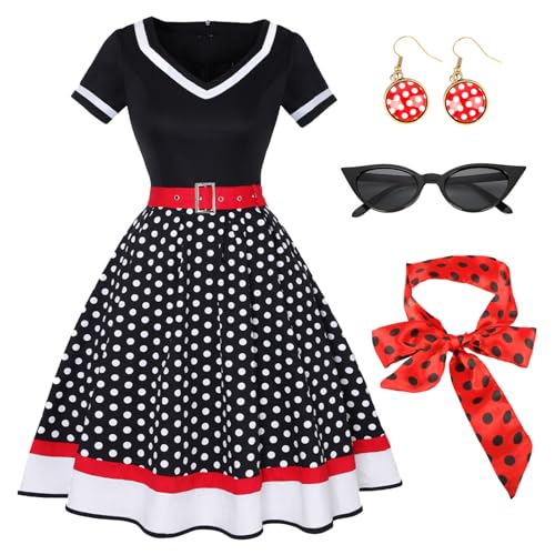 Tutukyle 50er Vintage Rockabilly Kleider Damen Kurzarm V-Ausschnitt Polka Dot Swing Coctailkleid mit Brille Polka Dot Stirnband Ohrringe Partykleid A-Linie Ballkleid Retro Karneval Party von Tutukyle