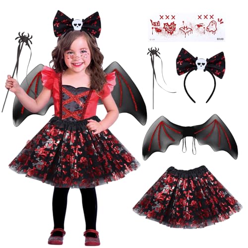 Tutukyle Fledermaus Kostüm Kinder Mädchen, Schwarzer Tüllrock Skeleton Rot Halloween Haarreif Kinder Halloween Costume Röcke Accessoires Flügel Zauberstab Tattoo Gesicht Tütü Faschingskostüme von Tutukyle