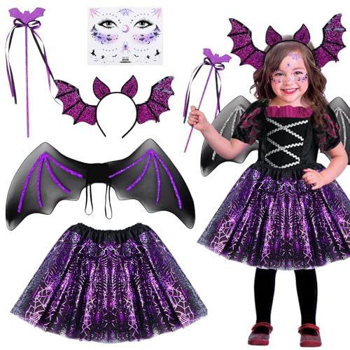 Tutukyle Fledermaus Kostüm Kinder Mädchen, Schwarzer Tüllrock Vampir Halloween Haarreif kostüm Kinder Halloween Costume Röcke Accessoires Flügel Zauberstab Tattoo Gesicht Tütü Faschingskostüme von Tutukyle