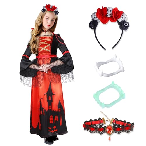 Tutukyle Halloween Kostüme Vampir Kinder Mädchen, Kleid Vampirkostüm Mädchen Gothic Dress Outfits Vampire Costume Enthalten Vampirgebiss Vampir Zubehör Dress Kinder für Cosplay Mottoparty von Tutukyle