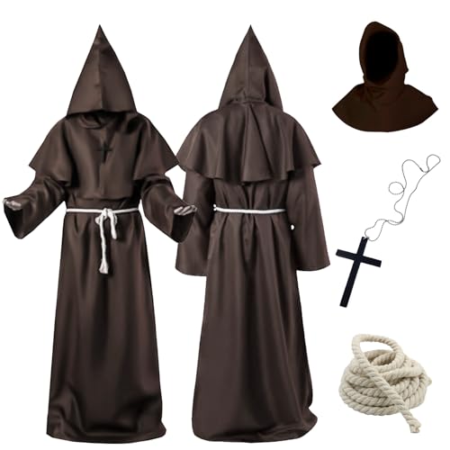 Tutukyle Mönch Kostüm, Mönch Robe mit Kreuz Halskette, Herren Mittelalter Renaissance Robe, Mönchskutte Kostüm Mittelalter Renaissance für Halloween Karneval Cosplay von Tutukyle
