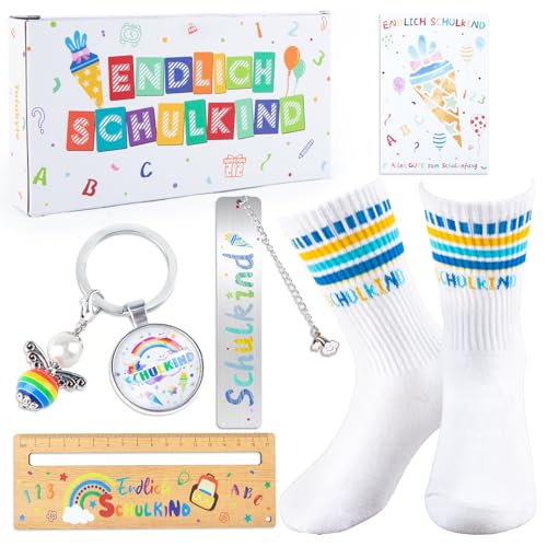 Tutukyle Schulkind Socken Baumwolle, schulkind 2025 Junge, Einschulung Geschenk Set mit Schulkind Schlüsselanhänger, Lesezeichen Kinder, Einschulung Holzlineal von Tutukyle