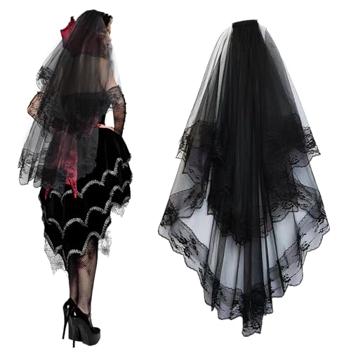 Tutukyle Schwarzer Schleier Halloween Schleier Schwarz Brautschleier Halloween Stirnband Tag Der Toten Accessoires Dia de los Muertos Haarreif für Fasching Cosplay Party Halloween Kostüm Damen von Tutukyle
