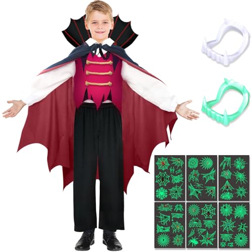 Tutukyle Vampir Kostüm Kinder Halloween Kostüm Kinder Mittelalterliches Zauberumhang Vampirkostüm Cosplay Gothic Outfit für Karneval Halloween Party Vampir-Zahnersatz Tattoo-Aufkleber Umhang von Tutukyle