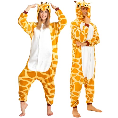 Unisex Onesie Giraffe Kostüm Schlafanzug Einteiliger Pyjamas Jumpsuit Erwachsene mit Kapuze- Tier Schlafoverall Kleidung Outfit Plüsch Sleepwear Overall für Damen Herren Halloween Karneval Cosplay(M) von Tutukyle