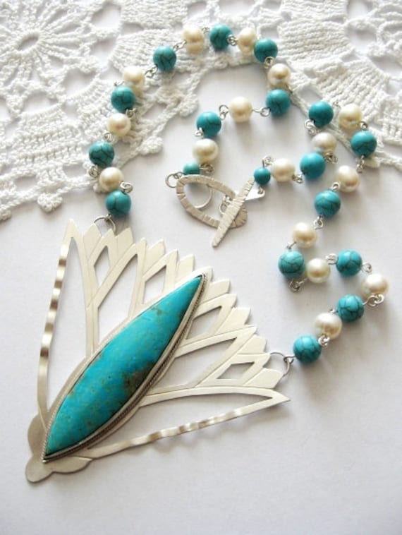 "Handgefertigte Sterling Silber Halskette Mit Türkis Und Perlen "Lotus"." Spirituelle Blaue Blumen Einzigartigem Stein von TuuliK