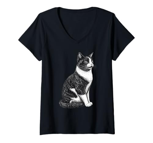 Damen Tuxedo Cat Cute Cat Lover T-Shirt mit V-Ausschnitt von Tuxedo Cat Cute Cats Lover Apparel