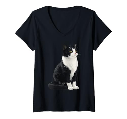 Damen Tuxedo Cat Cute Cat Lover T-Shirt mit V-Ausschnitt von Tuxedo Cat Cute Cats Lover Apparel