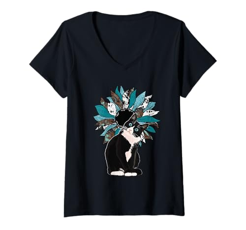 Damen Smoking Katze Türkis Türkis Kuh Print Western Sonnenblume T-Shirt mit V-Ausschnitt Damen Smoking Katze Türkis Türkis Kuh Print Western Sonnenblume T-Shirt mit V-Ausschnitt von Tuxedo Cat Gifts and Apparel