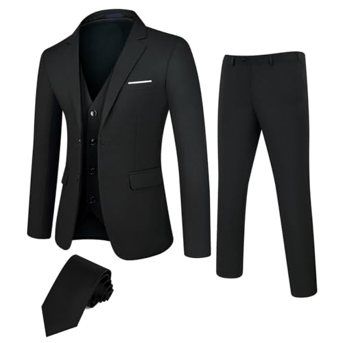 DEETRUST Herren 3-teiliges Slim Fit Anzug-Set, 2 Knöpfe, Blazer, Jacke, Weste, Hose mit Krawatte, Herrenanzug für Party, Hochzeit und Business, Schwarz, XS DEETRUST Herren 3-teiliges Slim Fit Anzug-Set, 2 Knöpfe, Blazer, Jacke, Weste, Hose mit Krawatte, Herrenanzug für Party, Hochzeit und Business, Schwarz, XS von TweedLad