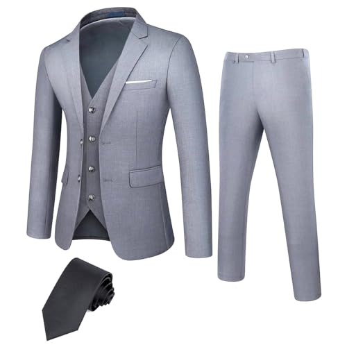DEETRUST Herren 3-teiliges Slim Fit Anzug-Set, 2 Knöpfe, Blazer, Jacke, Weste, Hose mit Krawatte, Herrenanzug für Party, Hochzeit und Business, GRAU, S von TweedLad