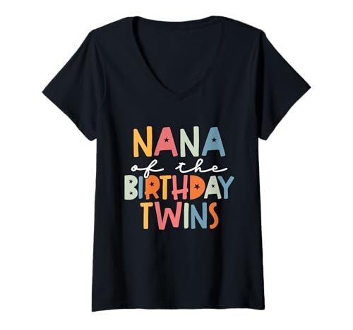 Damen Nana of The Birthday, Zwillinge, Urgroßmutter, Twin Bday T-Shirt mit V-Ausschnitt Damen Nana of The Birthday, Zwillinge, Urgroßmutter, Twin Bday T-Shirt mit V-Ausschnitt von Twin Boy And Girl Matching Birthday Tee For Family