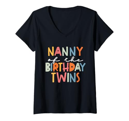 Damen Nanny of The Birthday Twins Kids Uroma Twin Bday T-Shirt mit V-Ausschnitt Damen Nanny of The Birthday Twins Kids Uroma Twin Bday T-Shirt mit V-Ausschnitt von Twin Boy And Girl Matching Birthday Tee For Family