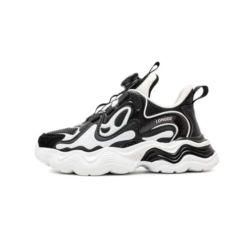 Kinderschuhe Mädchen Sportschuhe Jungen Turnschuhe Laufschuhe mit Drehknopf und rutschfest Luftpolster Sohle,Wasserdicht Leder Oberfläche Gr schwarz und weiß 37EU von Twinice