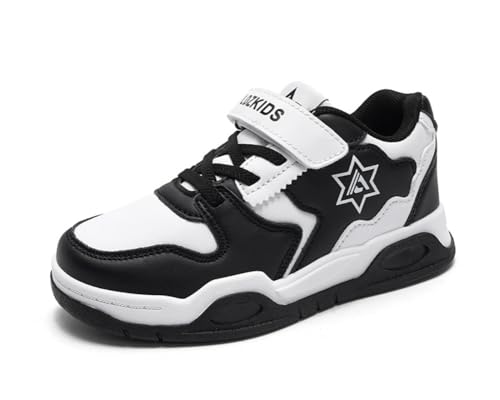 Kinderschuhe Mädchen Sportschuhe Jungen Turnschuhe Laufschuhe mit Klettverschluss und rutschfest Luftpolster Sohle,Wasserdicht Leder Oberfläche Schwarz 34EU von Twinice
