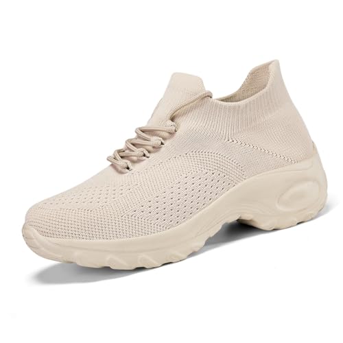 Slip On Sneaker Damen | Schuhe zum Reinschlüpfen ohne Schnürsenkel | Elastischer Bund & Leichte Sohle | Bequeme Freizeitschuhe für Büro/Reise Khaki EU 37 von Twinice