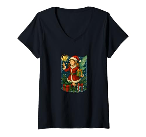 Damen Fröhliche Weihnachtsfee, umgeben von Magie T-Shirt mit V-Ausschnitt Damen Fröhliche Weihnachtsfee, umgeben von Magie T-Shirt mit V-Ausschnitt von Twinkle Wing Emporiums