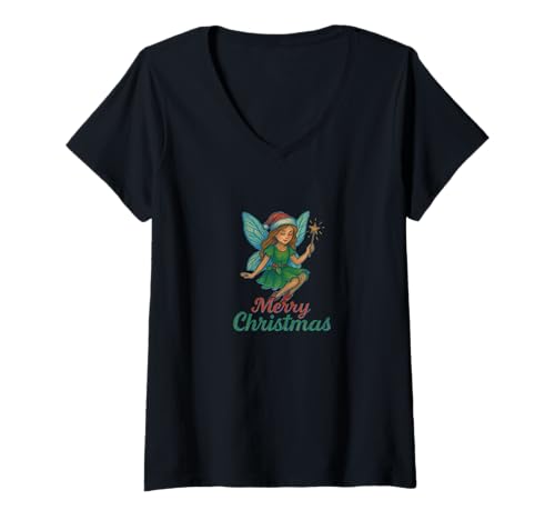 Damen Fröhliche Weihnachtsfee, umgeben von Magie T-Shirt mit V-Ausschnitt von Twinkle Wings Emporiums