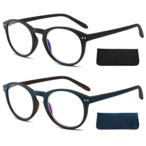 Twinkleyes Anti Blaulicht Lesebrille Hochwertig Federscharnier Herren Damen Retro Rund Brillen brille ohne sehstärke mit Blaulichtfilter +0 1.0 1.5 2.0 2.5 3.0 3.5 4.0(Schwarz+Blau(2 Stück), 0) von Twinkleyes