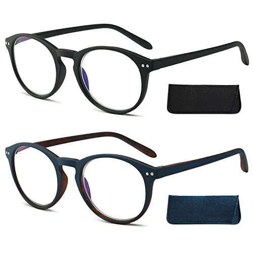 Twinkleyes Anti Blaulicht Lesebrille Hochwertig Federscharnier Herren Damen Retro Rund Brillen mit Blaulichtfilter +0 1.0 1.5 2.0 2.5 3.0 3.5 4.0(Schwarz+Blau(2 Stück), 1.0) von Twinkleyes