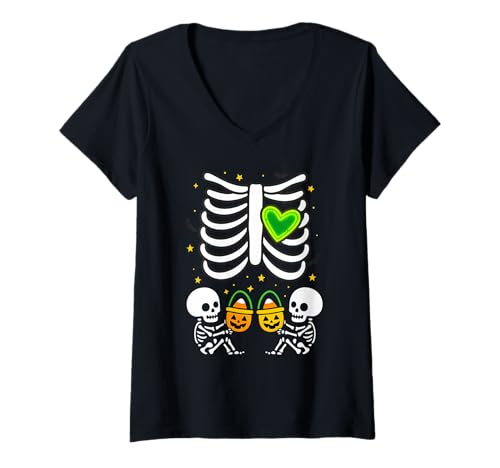 Damen Skelett Baby Zwillinge Mama Schwangerschaft Ankündigung Halloween T-Shirt mit V-Ausschnitt Damen Skelett Baby Zwillinge Mama Schwangerschaft Ankündigung Halloween T-Shirt mit V-Ausschnitt von Twins Pregnancy Announcement Mom Halloween