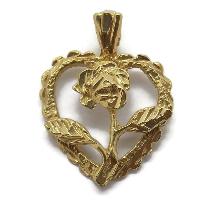 Blumen-Herz-Anhänger Charm. 14K Gelbgold von TwinsjewelryShop