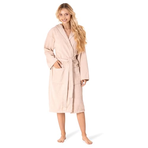 Bademantel Damen - 100% Baumwolle (350g/m²) OEKO-TEX® Zertifiziert - Morgenmantel Damen mit Kapuze, 2 Taschen, Gürtel - Beige - XL von Twinzen