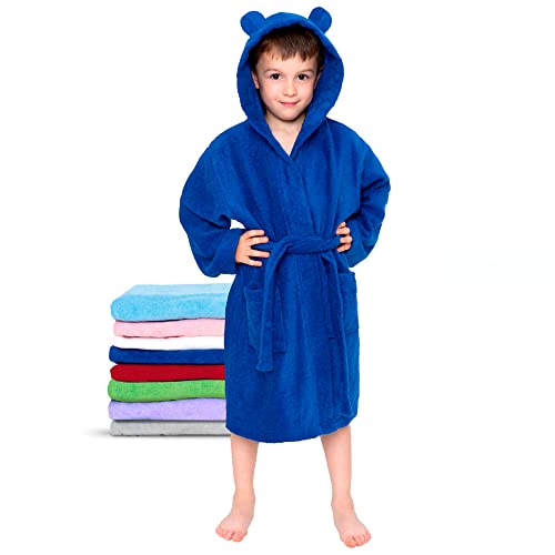 Twinzen - Kinderbademantel Mädchen oder Junge - 100% Baumwolle Ohne Chemikalien OEKO-TEX® - 2 Taschen, Gürtel, Kapuze mit Ohren - 7-8 Jahre, Marineblau, Size4 von Twinzen