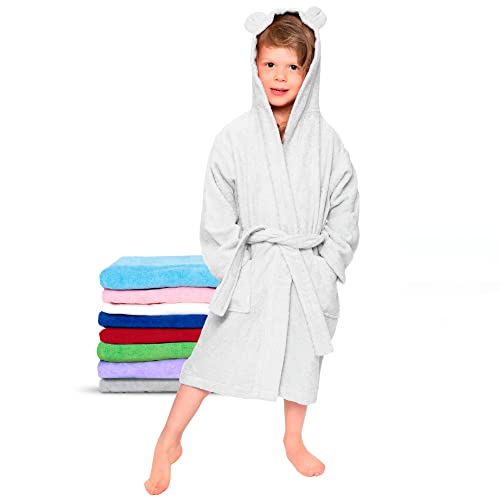 Twinzen - Kinderbademantel Mädchen oder Junge - 100% Baumwolle Ohne Chemikalien OEKO-TEX® - 2 Taschen, Gürtel, Kapuze mit Ohren - 7-8 Jahre, Weiß, Size4 von Twinzen