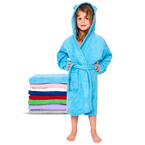 Twinzen - Kinderbademantel Mädchen oder Junge - 100% Baumwolle Ohne Chemikalien OEKO-TEX® - 2 Taschen, Gürtel, Kapuze mit Ohren - 9-10 Jahre, Pastellblau, Size5 von Twinzen