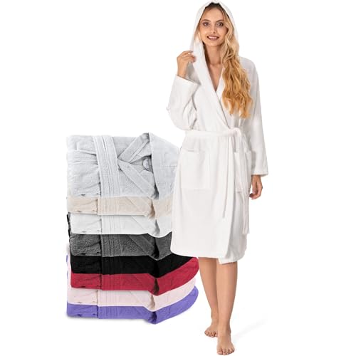 Bademantel Damen - 100% Baumwolle (350g/m²) OEKO-TEX® Zertifiziert - Morgenmantel Damen mit Kapuze, 2 Taschen, Gürtel - Weiß - XS von Twinzen