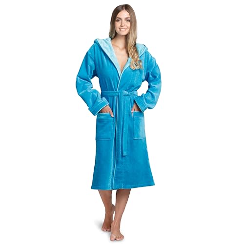 Twinzen Bademantel Damen – 100% Baumwolle, Frottee-Velours, mit Kapuze, OEKO-TEX zertifiziert, weich und komfortabel - Blau - XL von Twinzen