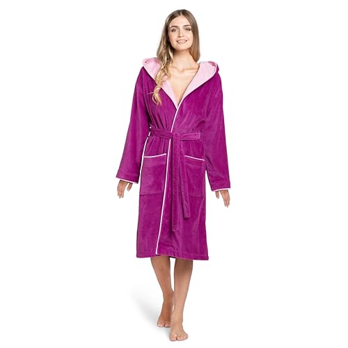 Twinzen Bademantel Damen Frottee-Velours mit Kapuze - Baumwollsamt - Bademantel Damen 100% Baumwolle Velours Bademantel Damen Flauschig OekoTex Extra weich Größe L von Twinzen