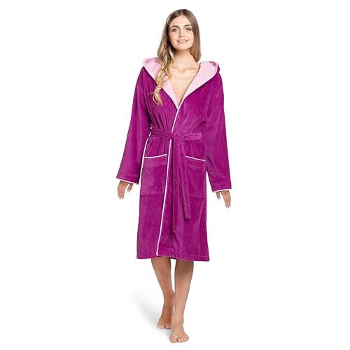 Twinzen Bademantel Damen – 100% Baumwolle, Frottee-Velours, mit Kapuze, OEKO-TEX zertifiziert, weich und komfortabel - Fuschia - L von Twinzen