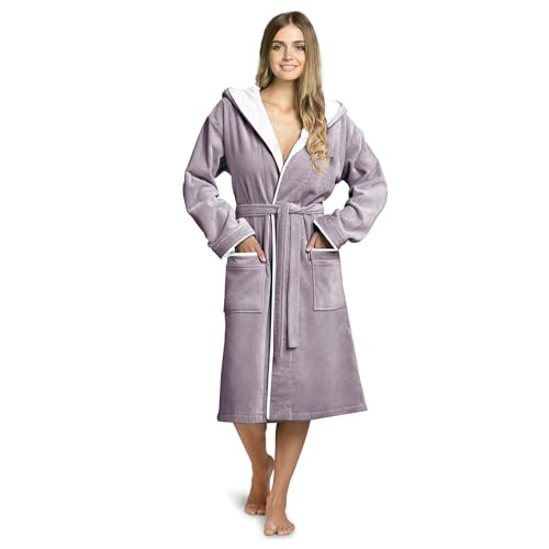 Twinzen Bademantel Damen – 100% Baumwolle, Frottee-Velours, mit Kapuze, OEKO-TEX zertifiziert, weich und komfortabel - Taupe - M von Twinzen