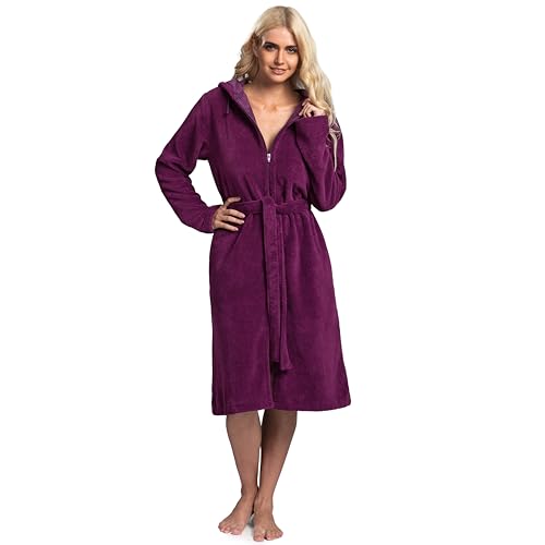 Twinzen Bademantel Damen Reißverschluss Kapuze - Bademantel Damen flauschig aus superweicher Öko-Tex Baumwolle Burgunderrot - Größe XS von Twinzen