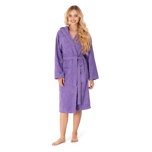 Bademantel Damen - 100% Baumwolle (350g/m²) OEKO-TEX® Zertifiziert - Morgenmantel Damen mit Kapuze, 2 Taschen, Gürtel - Lila - XL von Twinzen