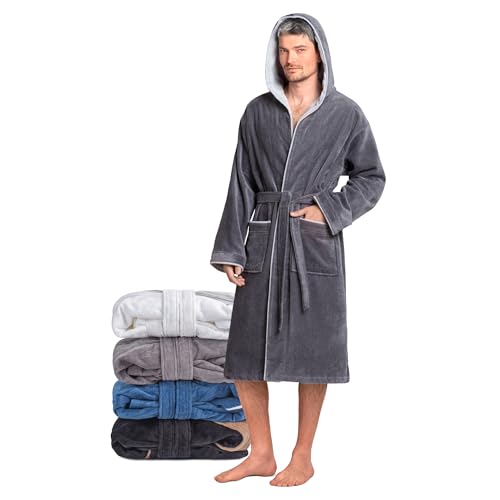 Twinzen Bademantel Herren Frottee Velour Grau - Baumwollsamt - Morgenmantel Herren Baumwollvelours Bademantel Herren Baumwolle OekoTex Extra weich Größe XL von Twinzen